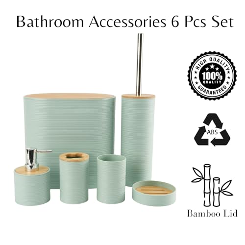 HOME CUBE Bamboo,Plastic 6 Pcs Bathroom Accessory Set,Includes Soap Dispenser,Mouth Wash Cup,Toothbrush Holder,Soap Dish,Toilet Brush with Holder & Dustbin for Home Kitchen & Bathroom Essential(Green) - Image 3