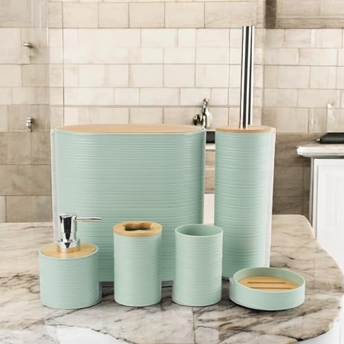 HOME CUBE Bamboo,Plastic 6 Pcs Bathroom Accessory Set,Includes Soap Dispenser,Mouth Wash Cup,Toothbrush Holder,Soap Dish,Toilet Brush with Holder & Dustbin for Home Kitchen & Bathroom Essential(Green) - Image 1