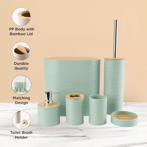 HOME CUBE Bamboo,Plastic 6 Pcs Bathroom Accessory Set,Includes Soap Dispenser,Mouth Wash Cup,Toothbrush Holder,Soap Dish,Toilet Brush with Holder & Dustbin for Home Kitchen & Bathroom Essential(Green) - Image 2