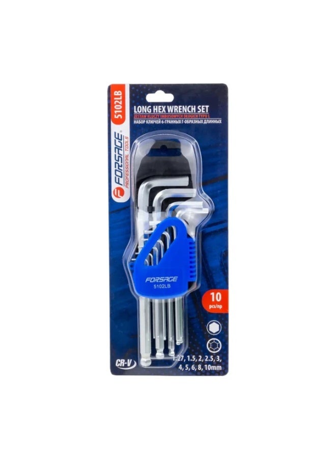FORSAGE L-type long hex-wrenches set with ball end 10pcs (1.27, 1.5, 2, 2.5, 3-6, 8, 10mm), in plastic holde - Image 1