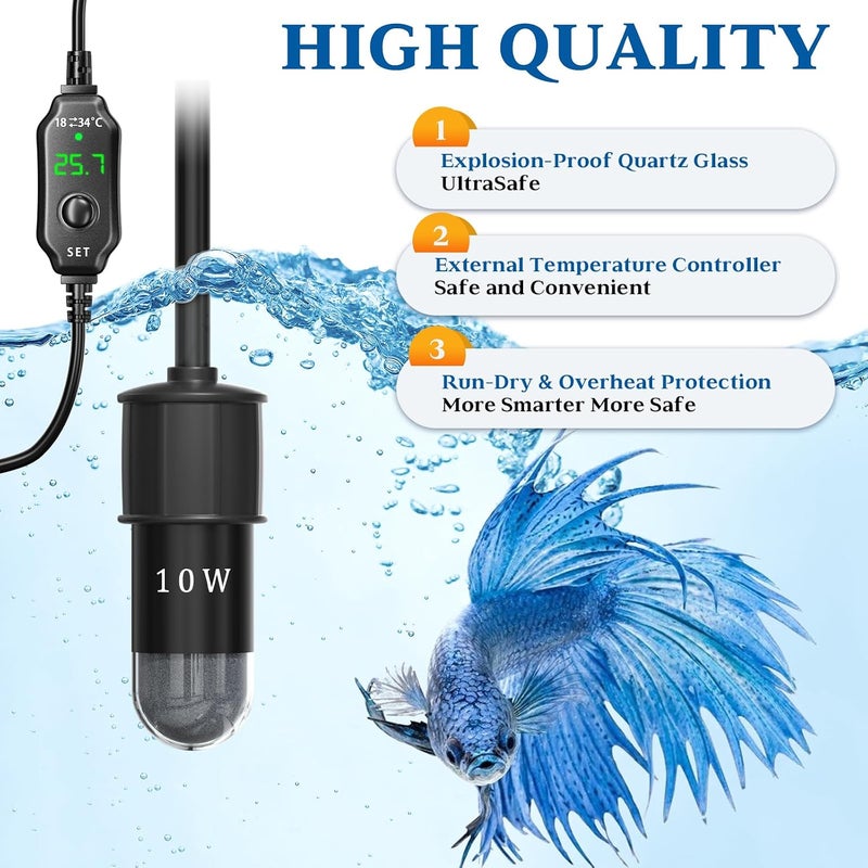 TobeBright 10W Mini Submersible Digital Aquarium Heater DC5V Fish Tank Heater with Thermometer, External Temperature Controller, LED Display, for Betta Fish, Turtle, etc - Image 2