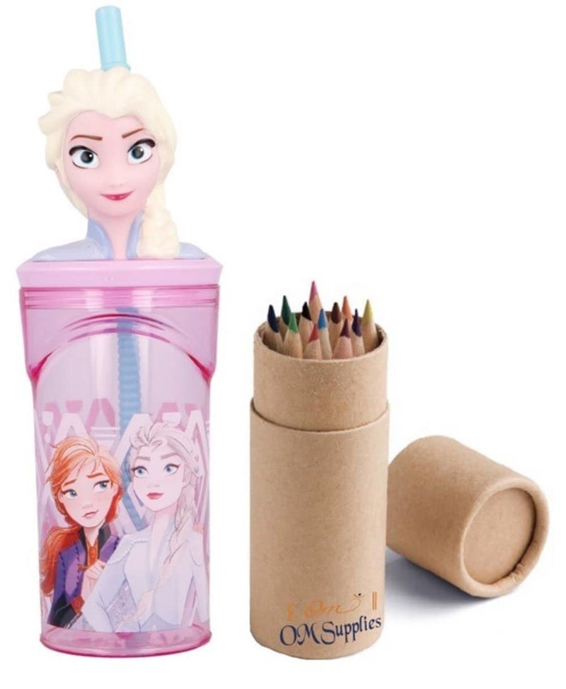 OM SUPPLIES Frozen 3D Figurine Cartoon Characters Reusable Tumbler Childrens Drinking Cup Straw 23 x 75 x 75cm Includes Half Size 12pcs Pencil Set Frozen
