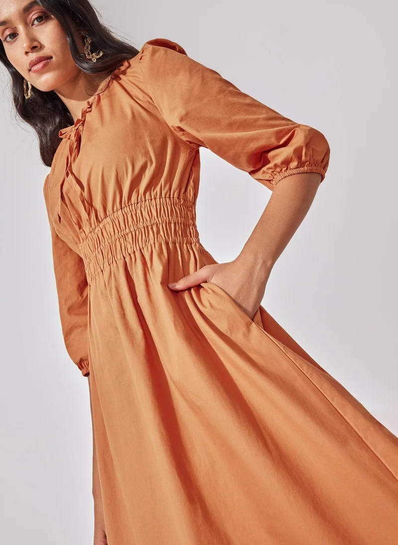 The Label Life The Label Life Women's Puff Sleeve Midi Dress with Gathered Waist - Peach, Pink