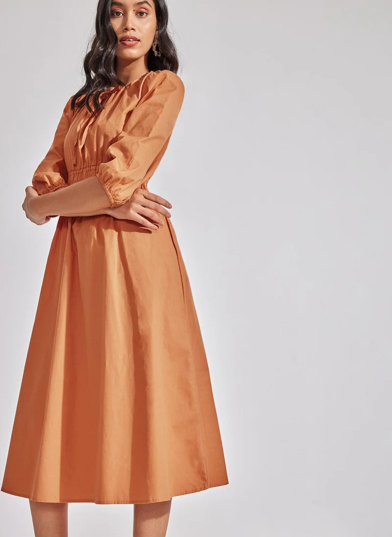 The Label Life The Label Life Women's Puff Sleeve Midi Dress with Gathered Waist - Peach, Pink