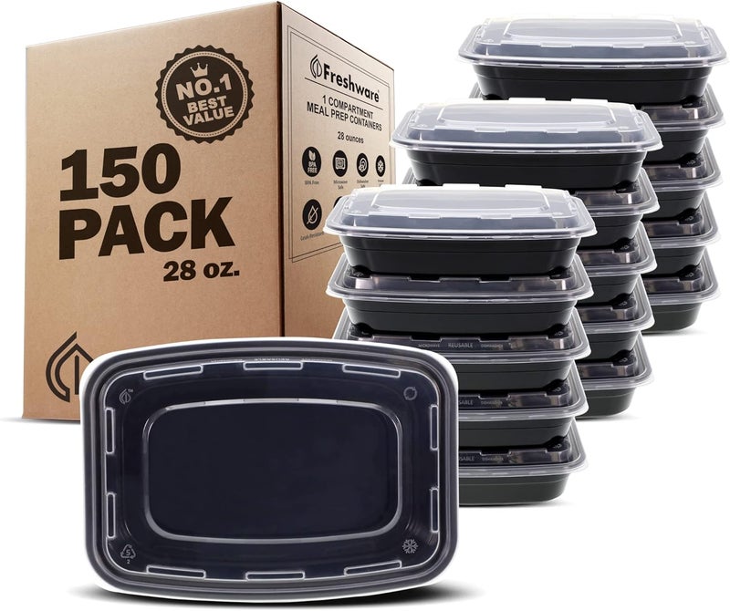 Freshware Meal Prep Containers 150 Pack 1 Compartment Food Storage Containers with Lids Bento Box BPA Free Stackable MicrowaveDishwasherFreezer Safe 28 oz - Image 1