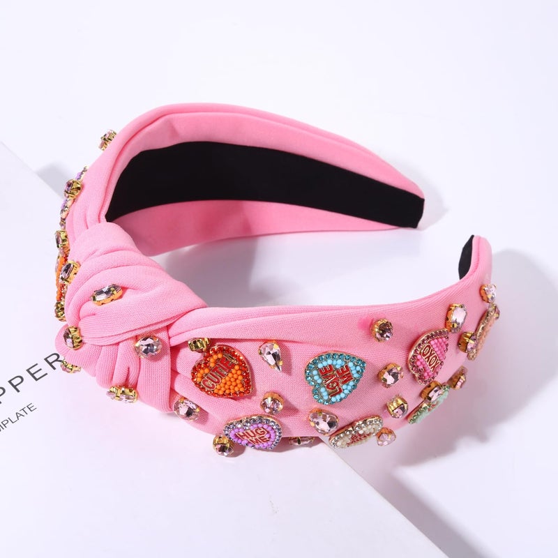 MOLOCH Pink Heart Headband for Women Rhinestone Conversation Love Heart Headbands Crystal Knotted Bejeweled Wide Velvet Fashion Hairband Valentines Day Country Concert Hair Accessories - Image 4