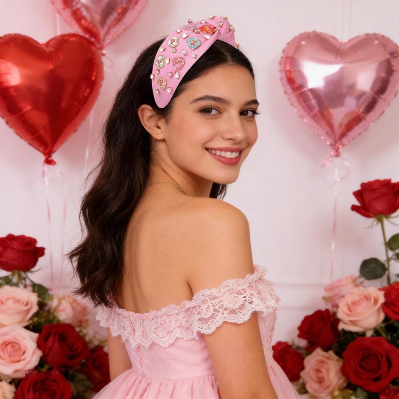 MOLOCH Pink Heart Headband for Women Rhinestone Conversation Love Heart Headbands Crystal Knotted Bejeweled Wide Velvet Fashion Hairband Valentines Day Country Concert Hair Accessories - Image 2