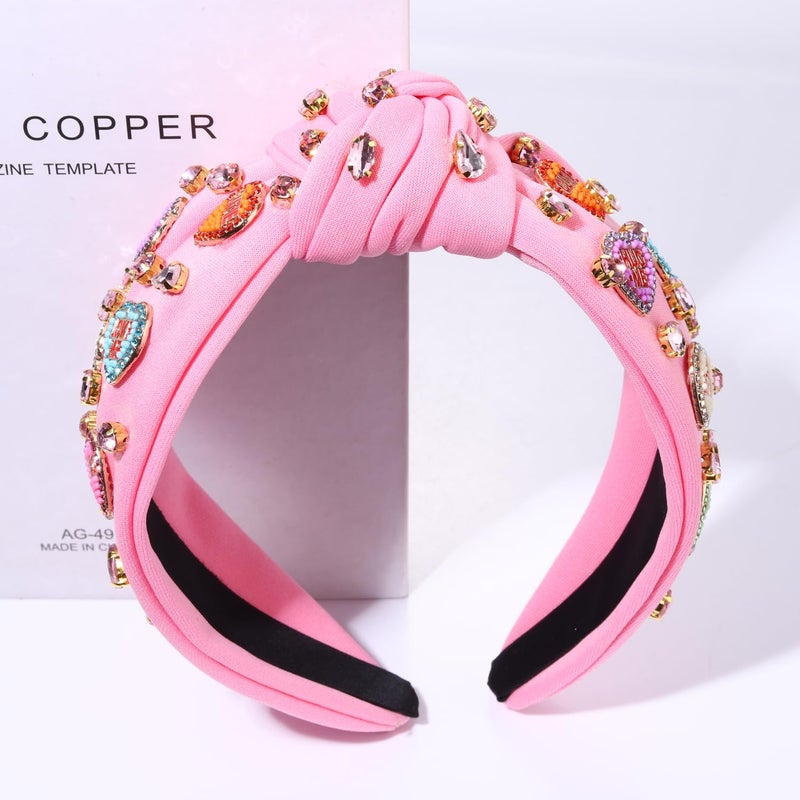 MOLOCH Pink Heart Headband for Women Rhinestone Conversation Love Heart Headbands Crystal Knotted Bejeweled Wide Velvet Fashion Hairband Valentines Day Country Concert Hair Accessories - Image 3