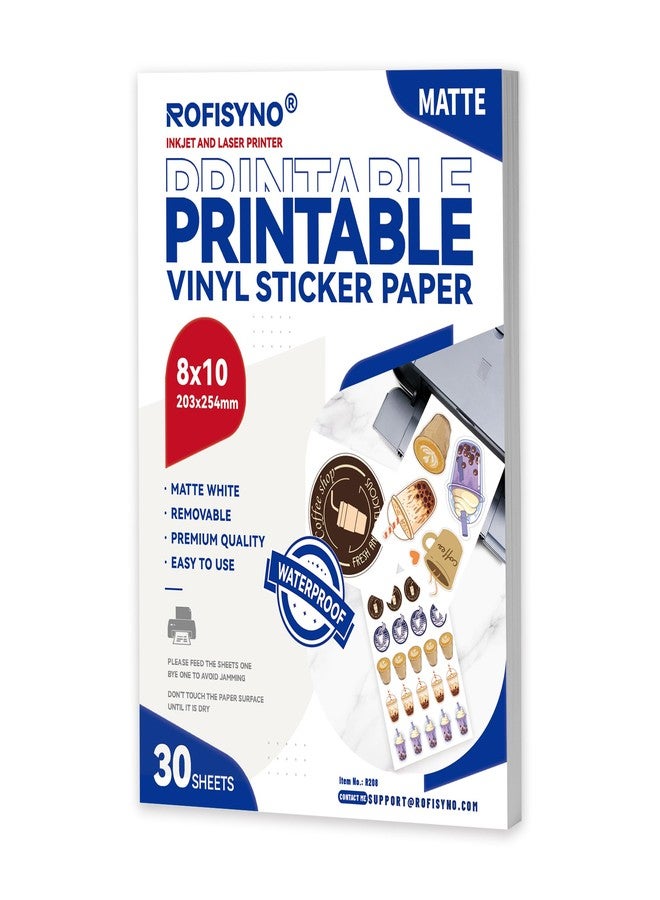 ROFISYNO 8x10 Printable Vinyl Sticker Paper Waterproof, Removable Self Adhesive Vinyl Sticker Sheets for Inkjet and Laser printer, 30 Pack, 8R Size, Matte White - Image 1