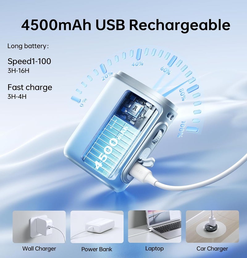 JISULIFE Portable Neck Fan, 100 Adjustable Speeds, 40000 RPM Cooling, Mini Personal Fan Wearable Fan, 4500mAh USB Rechargeable, 16H Runtime, LED Display Gifts for Outdoor, Travel, Camping Blue - Image 3