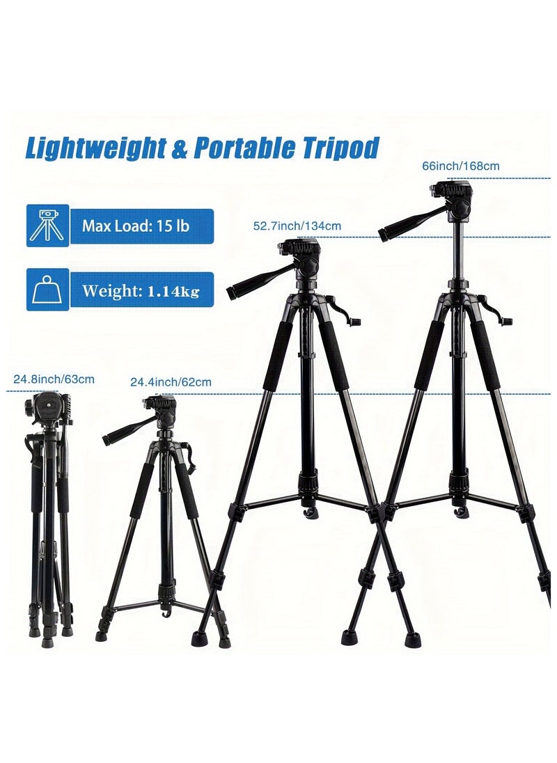 168cm Camera Tripod Phone Tripod  Lightweight Portable Aluminum Travel Tripod for Phone/Android Tripod for Mobile for Selfies/Live/Video Recording - Black