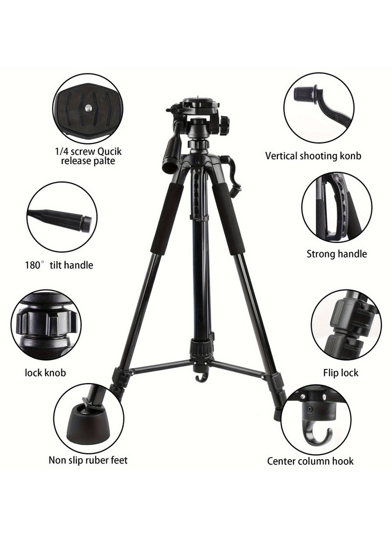 168cm Camera Tripod Phone Tripod  Lightweight Portable Aluminum Travel Tripod for Phone/Android Tripod for Mobile for Selfies/Live/Video Recording - Black