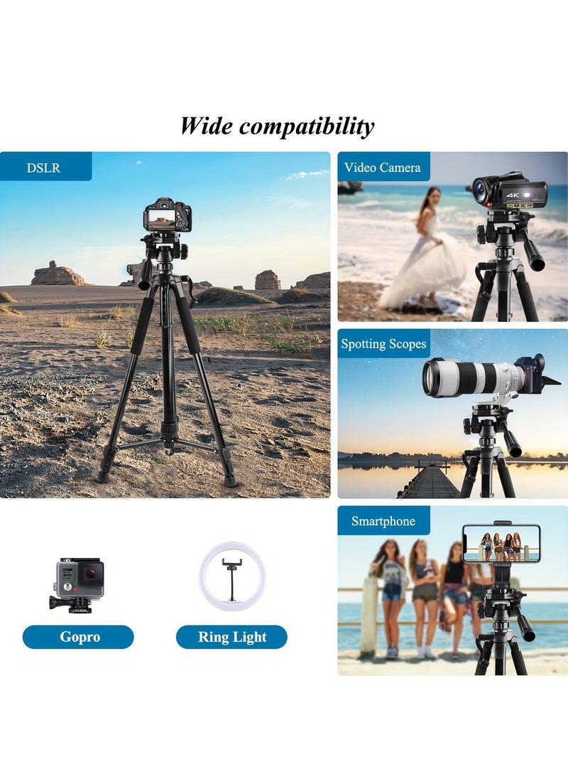 168cm Camera Tripod Phone Tripod  Lightweight Portable Aluminum Travel Tripod for Phone/Android Tripod for Mobile for Selfies/Live/Video Recording - Black