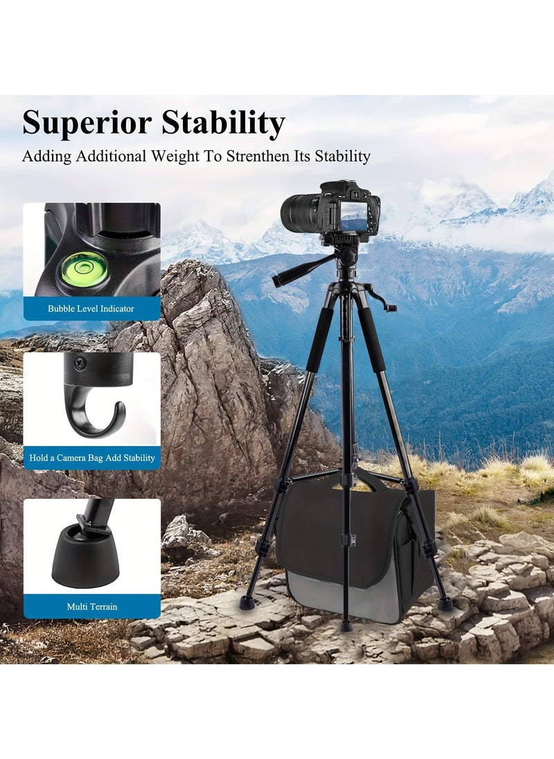 168cm Camera Tripod Phone Tripod  Lightweight Portable Aluminum Travel Tripod for Phone/Android Tripod for Mobile for Selfies/Live/Video Recording - Black