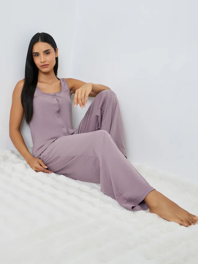 Styli Pink Wide Rib Picot Edge Tank and Shirred Waist Pyjama Set