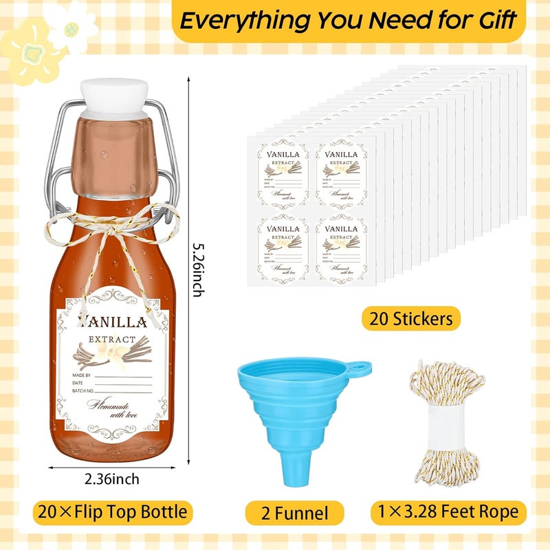 Queekay زجاجات زجاجية صغيرة بسعة 4 أونصات من كويكاي - عبوة 20 قطعة لاستخراج الفانيليا وزيت الزيتون المنزلي مع أغطية محكمة الإغلاق وملصقات لحفلات الزفاف وحفلات استقبال المواليد - بني 120 مل - Image 2