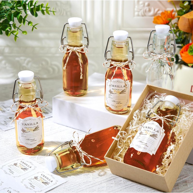 Queekay زجاجات زجاجية صغيرة بسعة 4 أونصات من كويكاي - عبوة 20 قطعة لاستخراج الفانيليا وزيت الزيتون المنزلي مع أغطية محكمة الإغلاق وملصقات لحفلات الزفاف وحفلات استقبال المواليد - بني 120 مل - Image 4