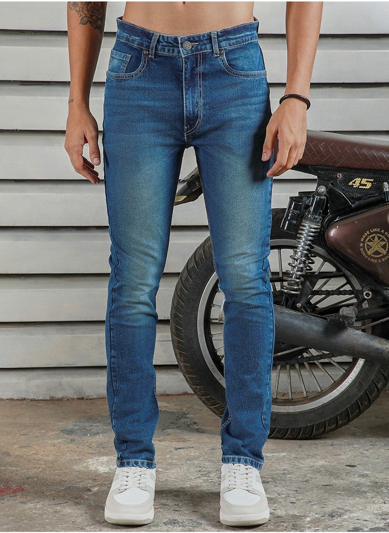 HIGH STAR Indigo Tapered Fit Light Fade Cotton Jeans for Men, 100% Cotton  - Image 1