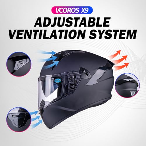 VCOROS Full Face Motorcycle Helmet X9 with Inner Sun Visor DOT Approved Motorbike Moto Street Bike Racing Helmet(Matte Black, L) - Image 3