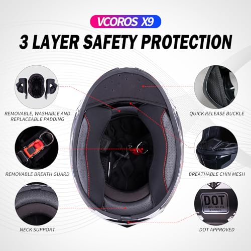 VCOROS Full Face Motorcycle Helmet X9 with Inner Sun Visor DOT Approved Motorbike Moto Street Bike Racing Helmet(Matte Black, L) - Image 4