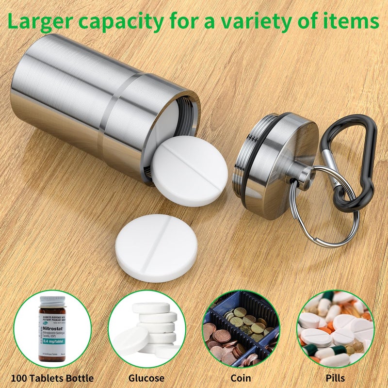 Urekt Portable Pill Case Keychain (2 Pack), Large Waterproof Aluminum Pill Box for Round Glucose Tablets & Critical Medicine, Small Pill Holder Travel Pill Container Bottle with Carabiners - Image 3