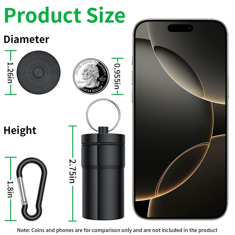 Urekt Portable Pill Case Keychain (2 Pack), Large Waterproof Aluminum Pill Box for Round Glucose Tablets & Critical Medicine, Small Pill Holder Travel Pill Container Bottle with Carabiners - Image 2
