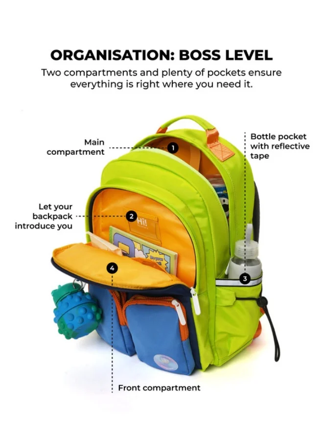 موكوبارا للتجارة ذ.م.م The Jetpack Backpack - Lightweight Water-Resistant School Backpack for Kids (10+ Years) with Magicmove Logo and Reflective Stripe| Ideal for School, Travel, and Outdoor Adventures (Green & Blue)
