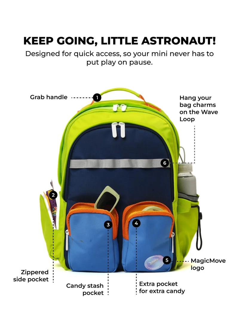 موكوبارا للتجارة ذ.م.م The Jetpack Backpack - Lightweight Water-Resistant School Backpack for Kids (10+ Years) with Magicmove Logo and Reflective Stripe| Ideal for School, Travel, and Outdoor Adventures (Green & Blue)
