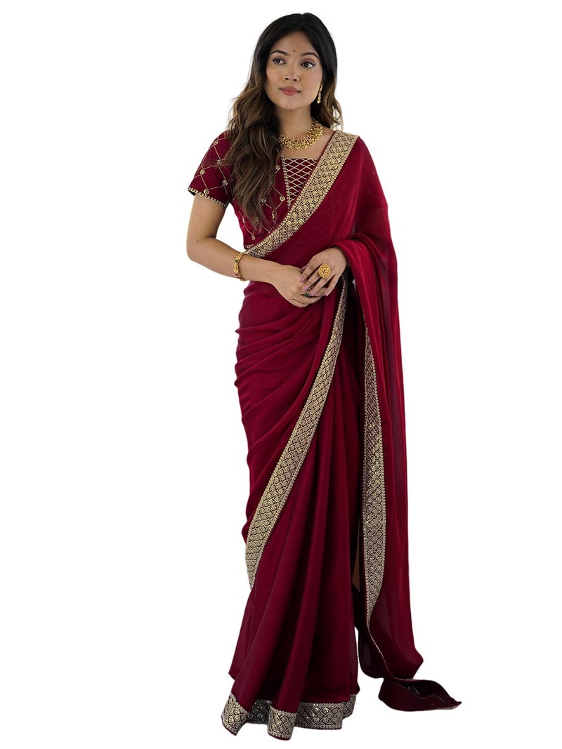 Satrani Women's Chiffon Sequin Embroidery & Lace Work Saree with Unstitched Blouse Piece (4489S3242N_Cherry Red) - Image 1