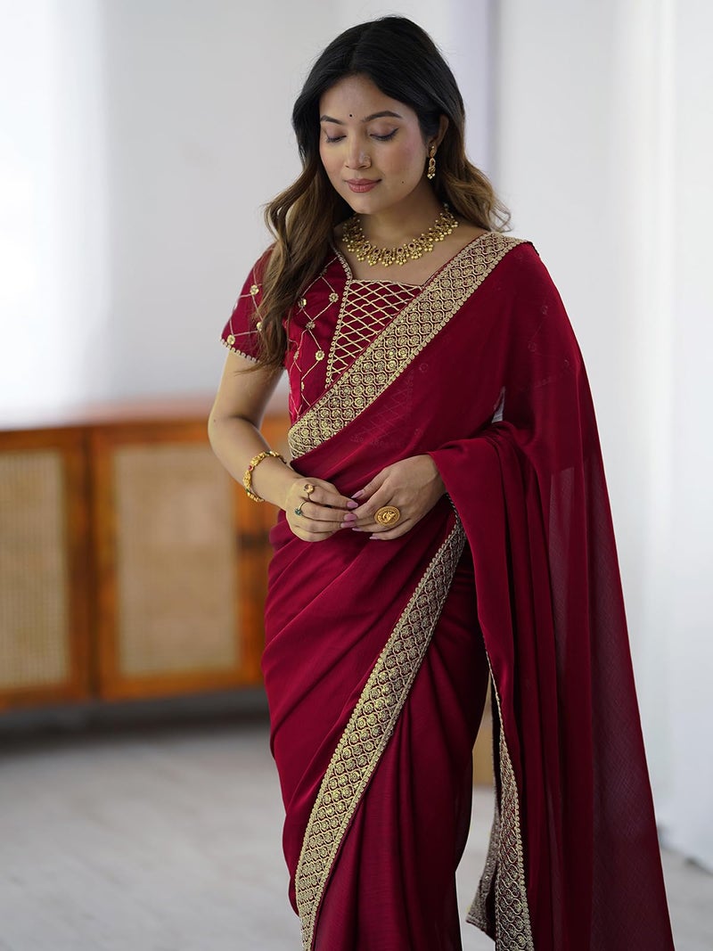Satrani Women's Chiffon Sequin Embroidery & Lace Work Saree with Unstitched Blouse Piece (4489S3242N_Cherry Red) - Image 4