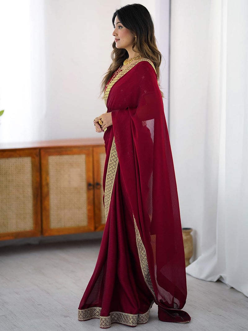 Satrani Women's Chiffon Sequin Embroidery & Lace Work Saree with Unstitched Blouse Piece (4489S3242N_Cherry Red) - Image 3