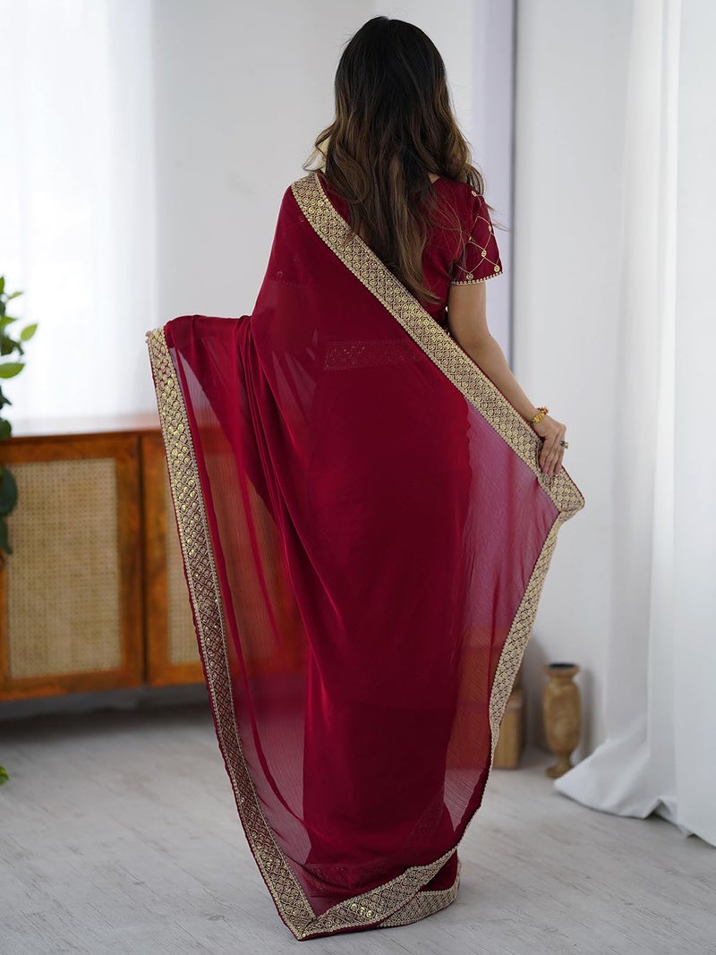 Satrani Women's Chiffon Sequin Embroidery & Lace Work Saree with Unstitched Blouse Piece (4489S3242N_Cherry Red) - Image 2