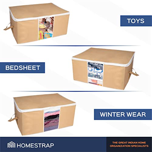 HomeStrap Big Underbed Rectangular Storage Bag Organiser (Beige, Set of 3) - Image 5