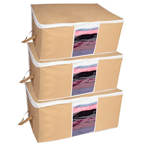 HomeStrap Big Underbed Rectangular Storage Bag Organiser (Beige, Set of 3) - Image 1