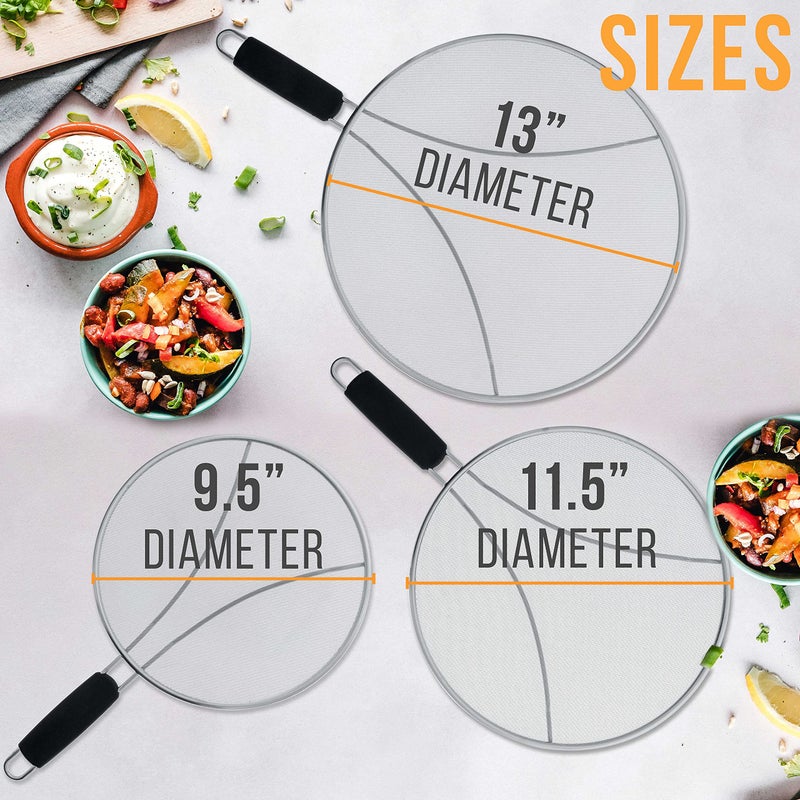 U.S. Kitchen Supply شاشة تناثر شبكية دقيقة من الفولاذ المقاوم للصدأ بحجم 13"، 11.5"، 9.5" مع أرجل للراحة، مقابض مريحة سوداء - للاستخدام على الأواني المغلية، ومقالي القلي - واقي زيت الدهون، غطاء طهي آمن - Image 2