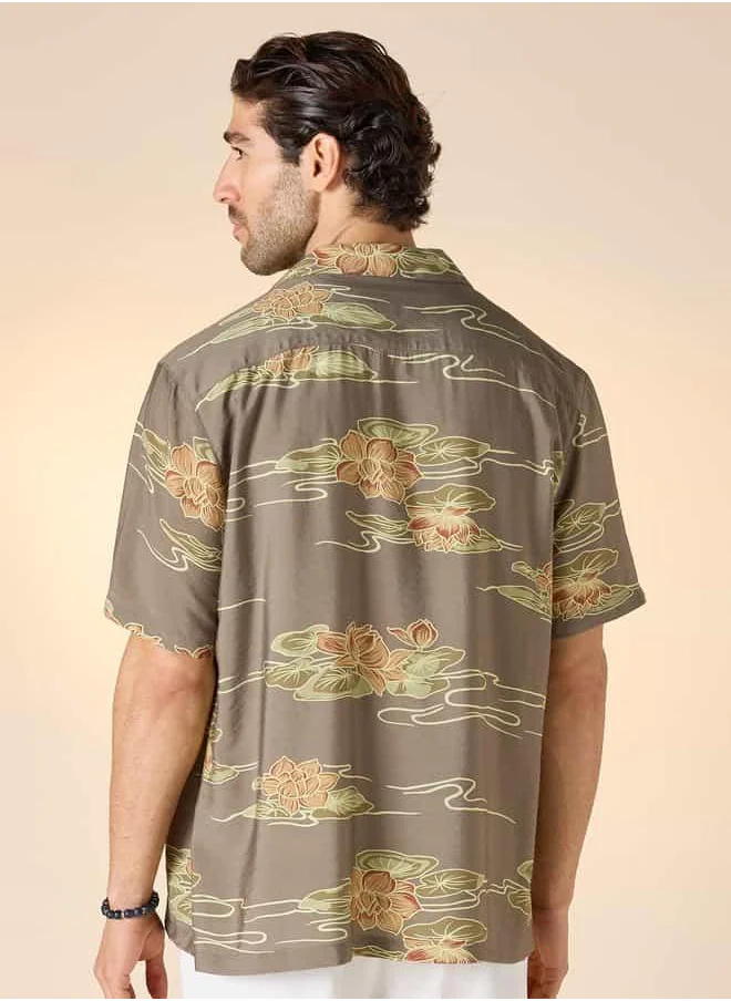 Iconic Iconic All-Over Lotus Print Camp Collar Shirt with Short Sleeves