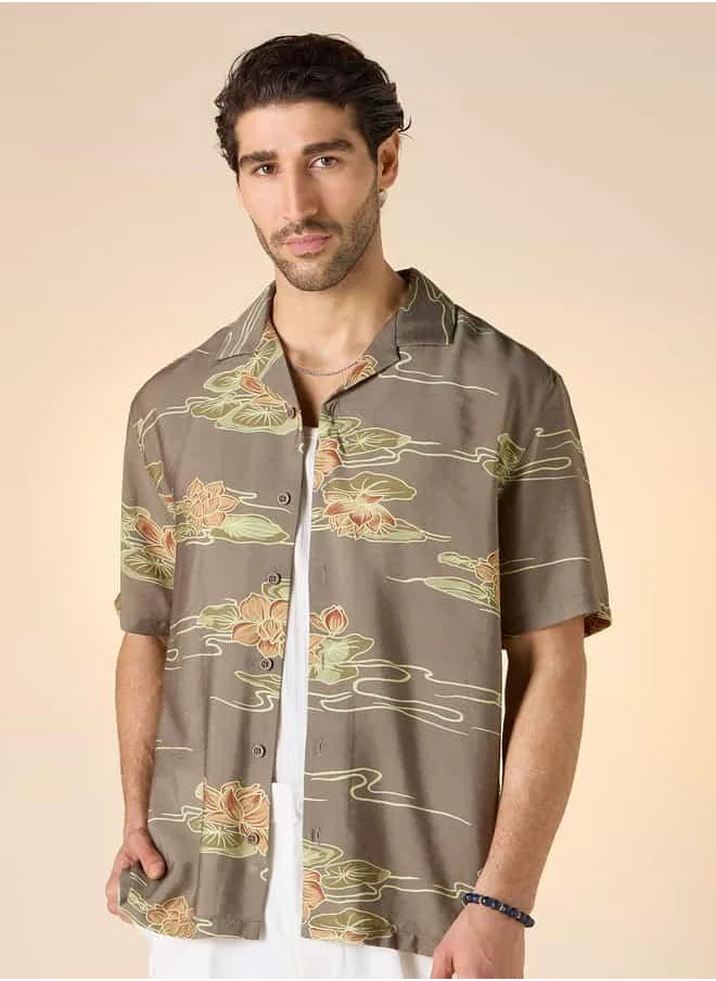 Iconic Iconic All-Over Lotus Print Camp Collar Shirt with Short Sleeves