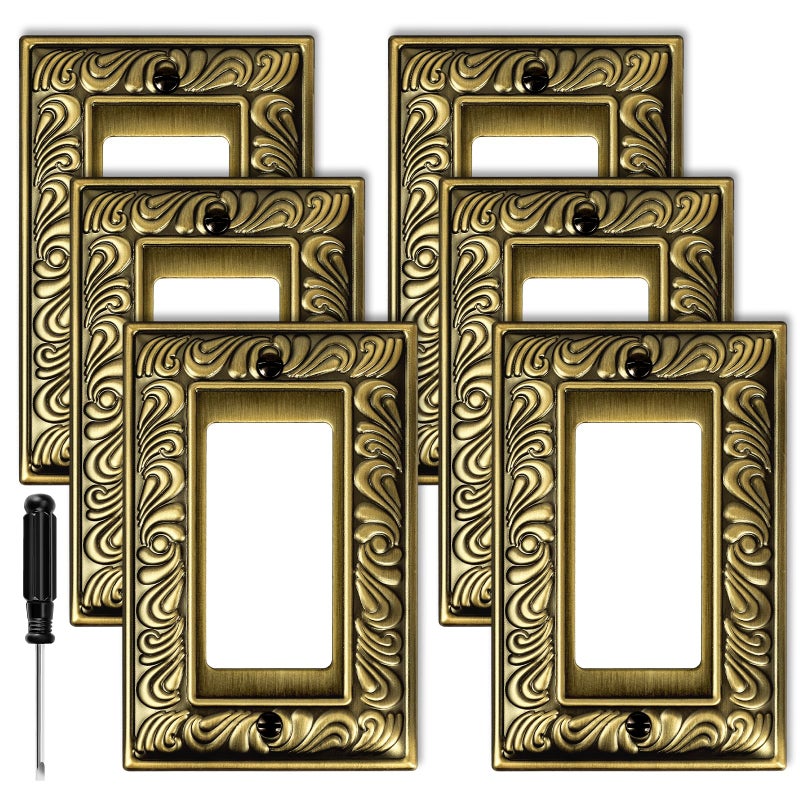 Ranweydi Antique Brass Decorative Decorator Light Switch Covers Wall Plate Rocker Switch Plates Outlet Covers Metal Material Wall Plates for Kitchen Bathroom (1 Gang Single Decorator-6 Pack) - Image 1