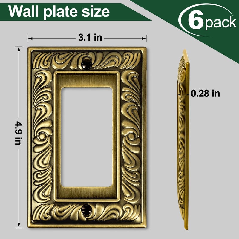 Ranweydi Antique Brass Decorative Decorator Light Switch Covers Wall Plate Rocker Switch Plates Outlet Covers Metal Material Wall Plates for Kitchen Bathroom (1 Gang Single Decorator-6 Pack) - Image 3