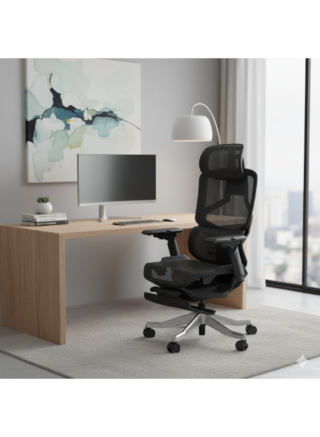 Sky Land كرسي مكتب تنفيذي - تصميم متقدم، ظهر عالي، شبكة قابلة للتنفس - دعم قطني قابل للتعديل، مسند للقدم، مسند للرأس، عمق المقعد، مساند ذراع قابلة للطي - قاعدة دوارة من الألمنيوم (أسود) - Image 2