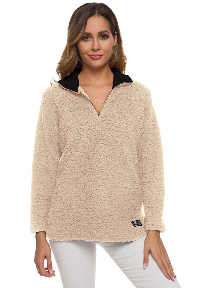 Loquat Long Sleeve Lamb Hair Zipper Pullover Beige 
