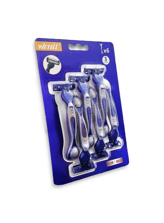 وي تيل مجموعة شفرات حلاقة للرجال للاستخدام مرة واحدة، عبوة من 6 قطع، 3 شفرات دقيقة مع شريط تشحيم مُحسّن، رأس دائري دوار، تصميم شفرة مفتوح ومقبض مريح لحلاقة ناعمة ومريحة - Image 1