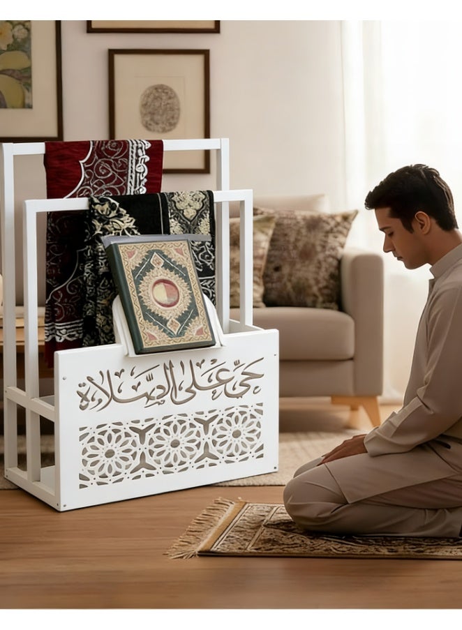 حامل القرآن الكريم وحامل سجادة الصلاة الأنيق، ديكور منزلي إسلامي، منظم سجادة الصلاة، هدية رمضان والعيد، إكسسوارات إسلامية مزخرفة، حامل عرض القرآن للمسجد والمنزل (YB254-WHITE) - Image 1
