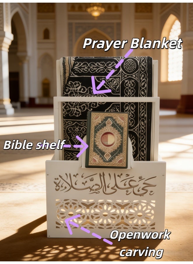 حامل القرآن الكريم وحامل سجادة الصلاة الأنيق، ديكور منزلي إسلامي، منظم سجادة الصلاة، هدية رمضان والعيد، إكسسوارات إسلامية مزخرفة، حامل عرض القرآن للمسجد والمنزل (YB254-WHITE) - Image 4