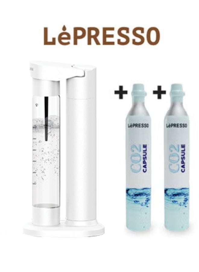 جهاز صنع مياه غازية مع 2+ كبسولة ونظام إطلاق بطيء وسريع / دعم زجاجتين 500 مل - 350 مل / مقاوم للانفجار للحيوانات الأليفة خالٍ من مادة BPA / شواحن ثاني أكسيد الكربون / متوافق مع كبسولات ثاني أكسيد الكربون / سهل التنظيف - أبيض