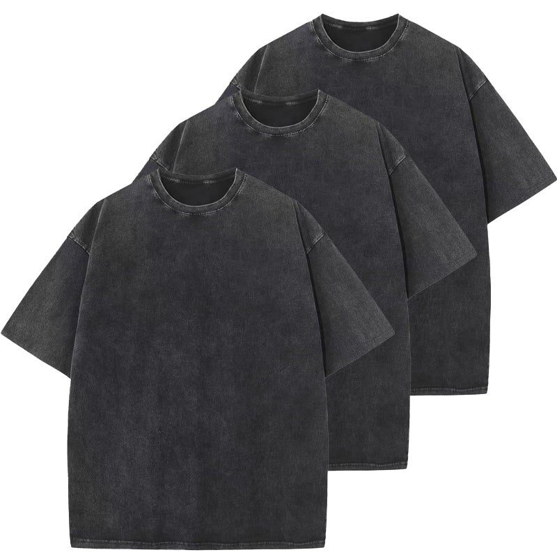 KEEPSHOWING 3 Pcs Oversized Heavy Cotton Summer T-Shirts Vintage Unisex Short Sleeves Casual Loose Basic Tops(Black+Black+Black M) - Image 1