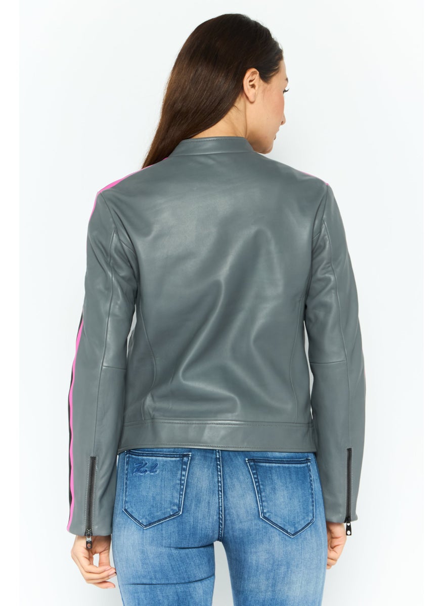 EMPORIO ARMANI Women Plain Motorcycle Jacket, Grey Combo  - Image 3