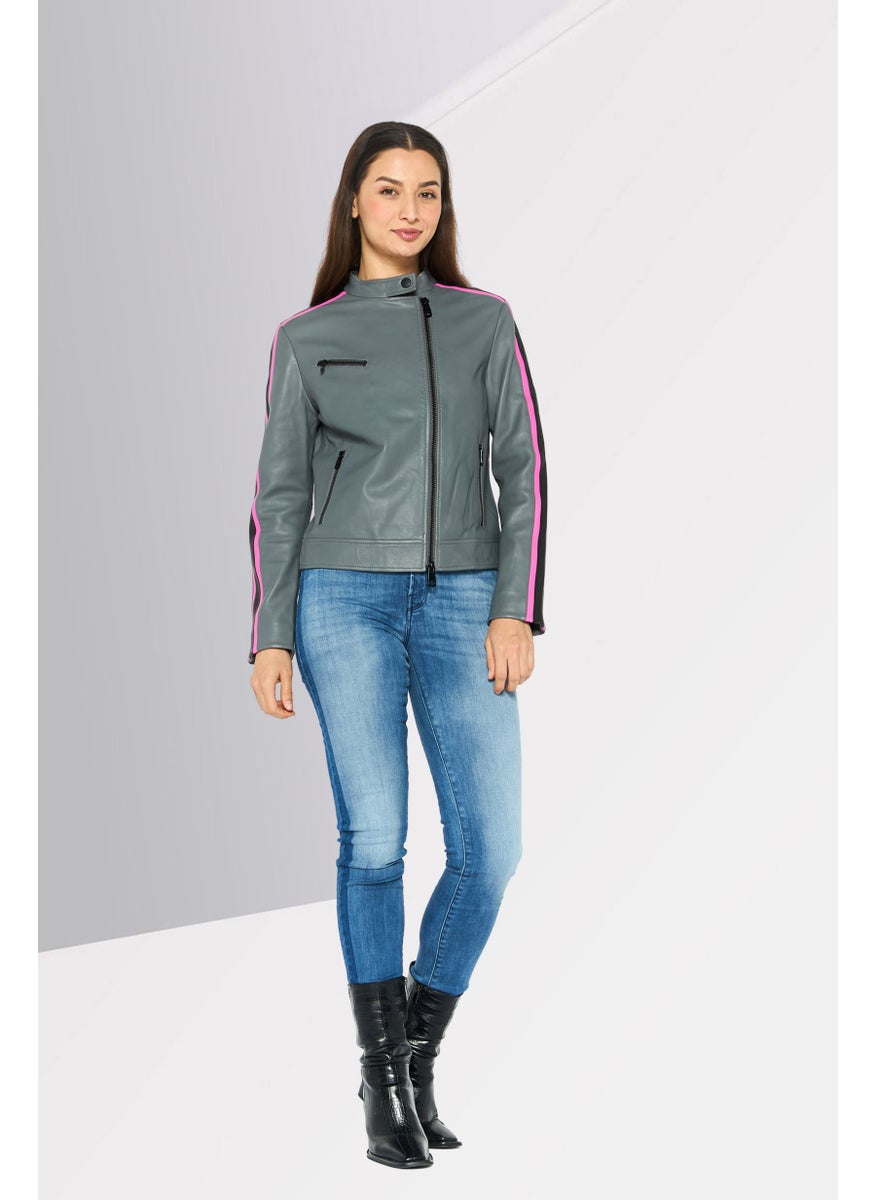 EMPORIO ARMANI Women Plain Motorcycle Jacket, Grey Combo  - Image 2