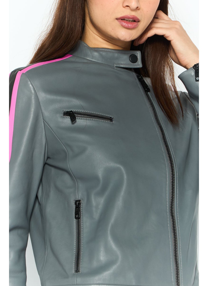 EMPORIO ARMANI Women Plain Motorcycle Jacket, Grey Combo  - Image 4