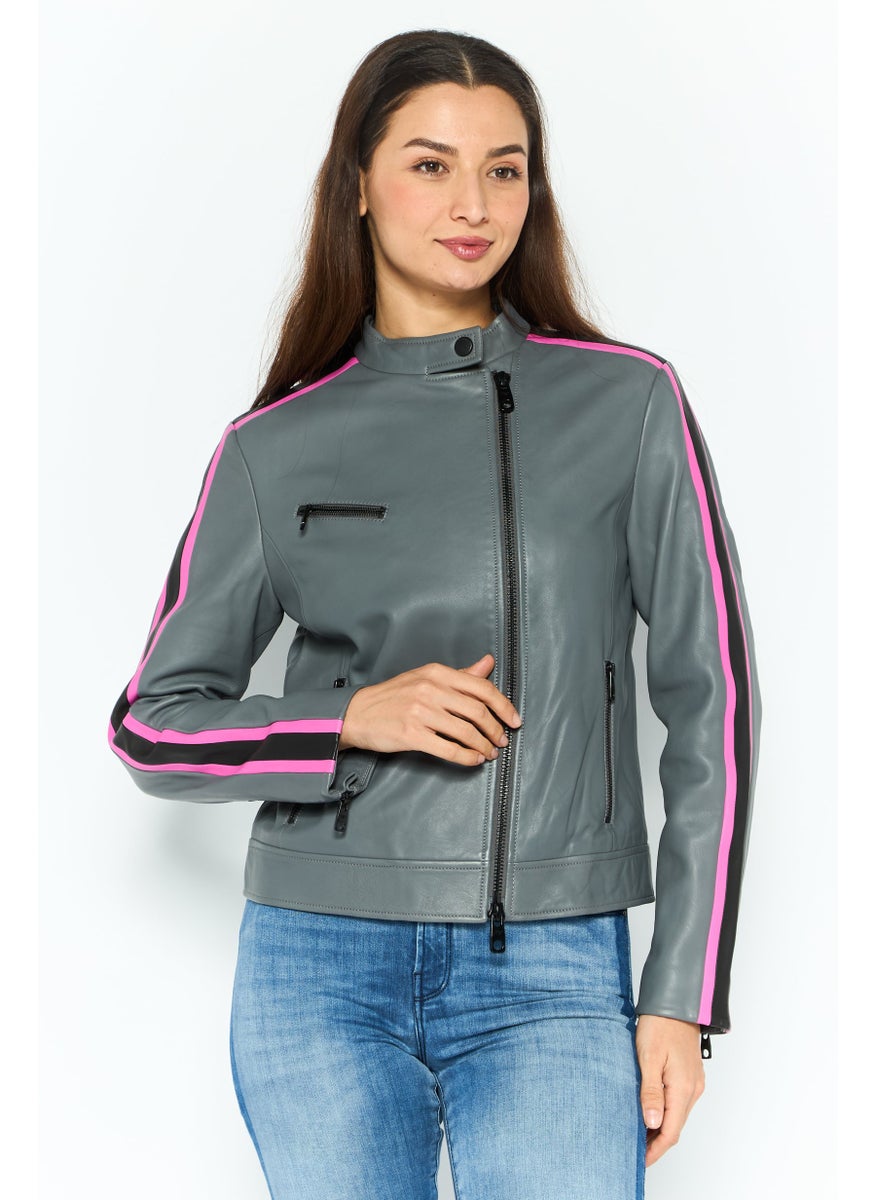 EMPORIO ARMANI Women Plain Motorcycle Jacket, Grey Combo  - Image 1